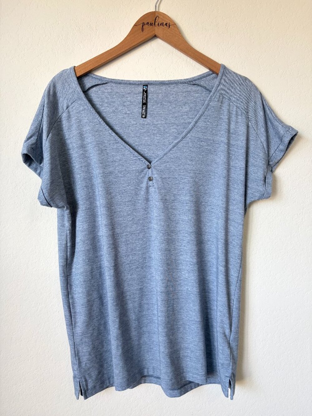 Kuhl Top Womens Medium Heather Blue Lisette Outdoor Short Sleeve Henley Shirt M